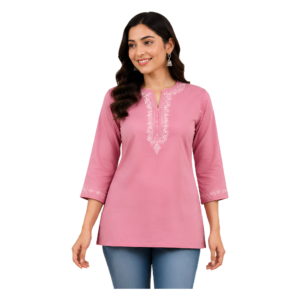 Women Pink Embroidered Short Kurti